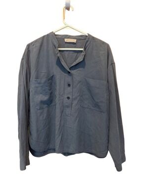 Everlane Long Sleeve Washable Silk Henley Crop Blouse Top in Blue Gray Size 10